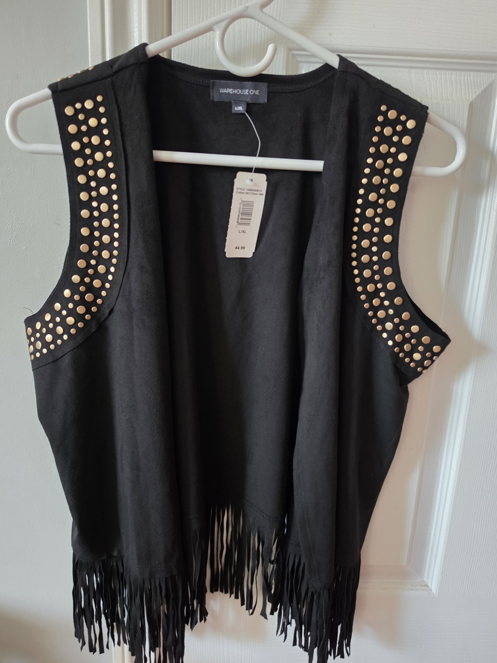 Warehouse Black Fringe Vest with Gold Stud Accents